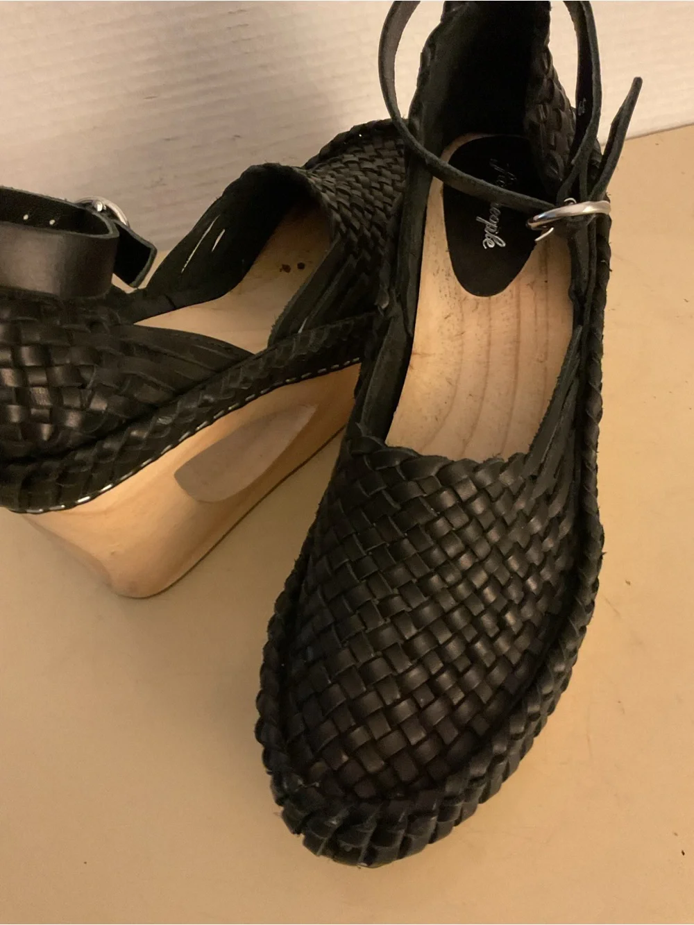Free People women Black leather Woven Ankle-Strap Platform Wedges sandals US 8